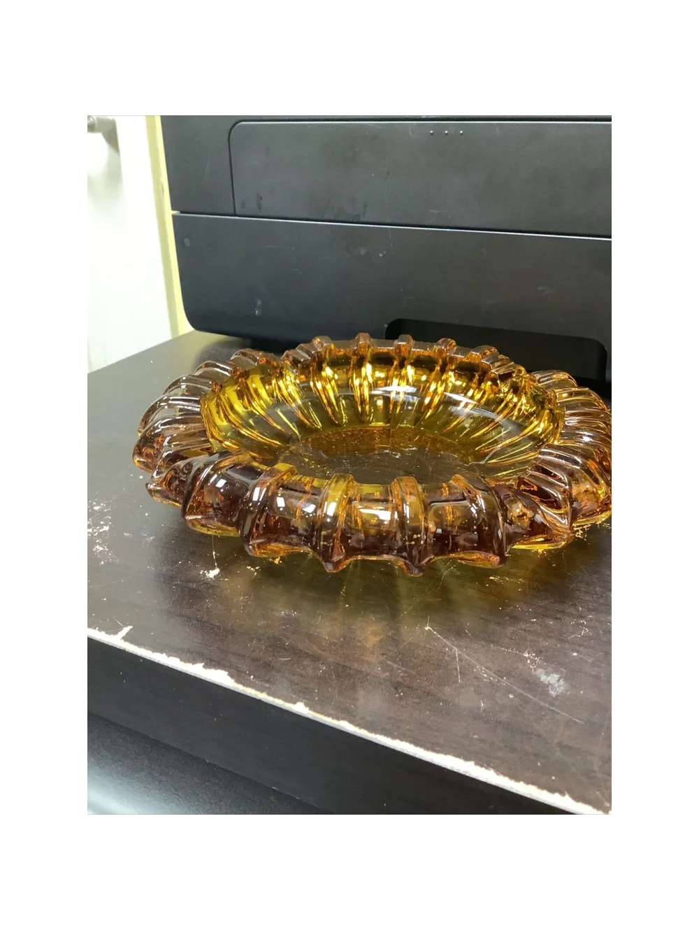 Sunburst Vintage Ashtray Large Heavy Amber Glass 7” MCM Tobacciana Cigar Pipe